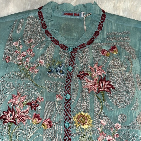 JOHNNY WAS Allbee Embroidered Floral Geometric Print Ruffle Scallop Hem Blouse - Picture 5 of 11